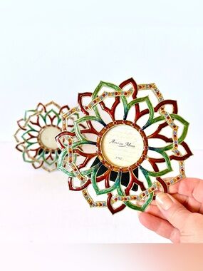 Set of 2 Jeweled Enamel Ashleigh Manor Round Photo Frames Rhinestone Accents